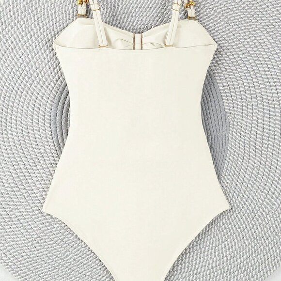 White Sexy Women's Hollow Out Solid Color Daily One-Piece Swimsuit - Picture 3 of 5